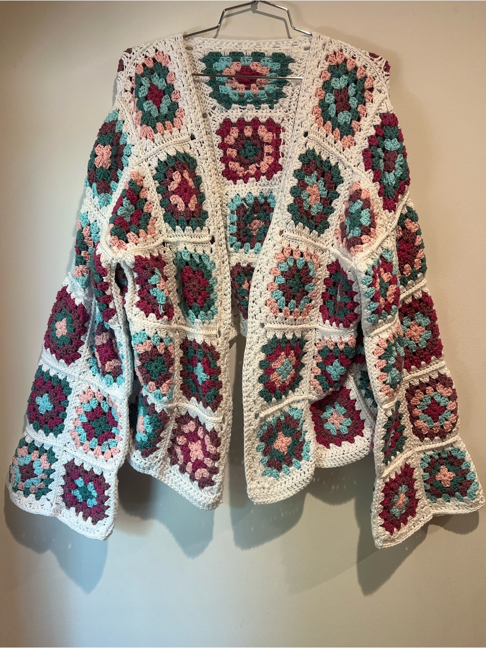 Handmade Granny Square Crochet Cardigan Cotton Boho Open Front XXL